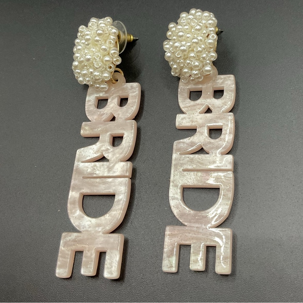 Bride Acrylic Word & Bead Earrings Bold Wedding Bachelorette - Picture 1 of 3
